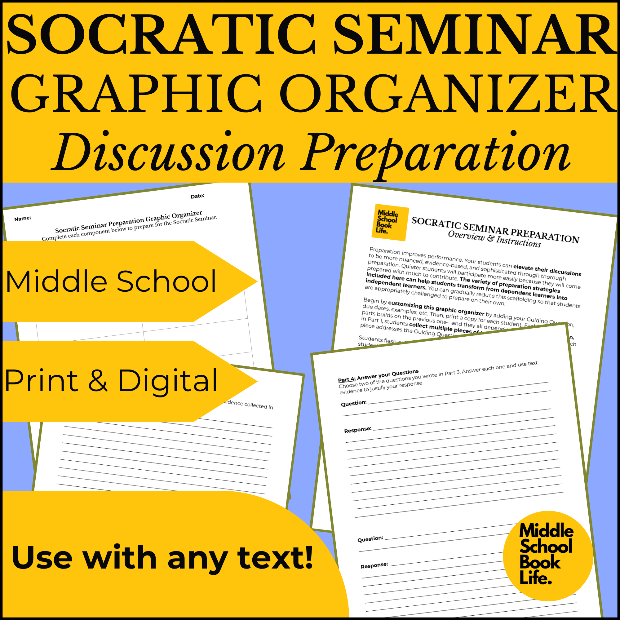 Product cover for a Socratic Seminar Preparation Graphic Organizer by Middle School Book Life. 